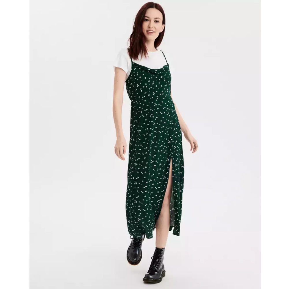 American Eagle Cowl Neck Floral Print Midi Dress Dark Green White M